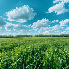 Wall Mural - A serene landscape showcasing a lush green field under a vibrant blue sky dotted with fluffy clouds