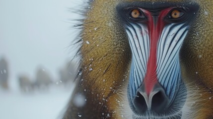 Wall Mural -  A tight shot of a monkey's expressive face, set against a backdrop of snowy ground in the foreground and trees in the background