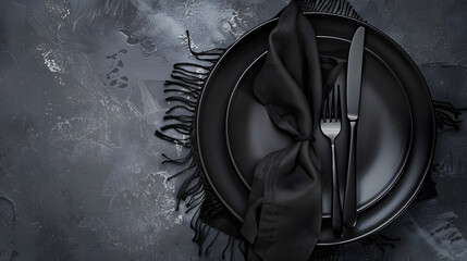 Aufkleber - Black empty plate cutlery and napkin on a stone table top view Table setting : Generative AI