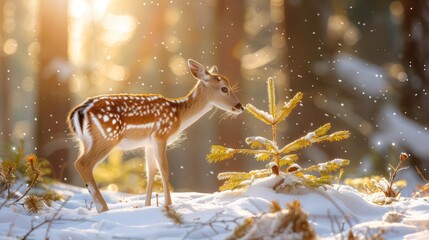 Sticker -  A small deer atop a snow-covered ground, nearby stands a pine tree likewise cloaked in snow