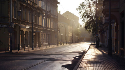 Poster - City street with empty crossroad  road and morning light in Europe Lithuania Vilnius : Generative AI