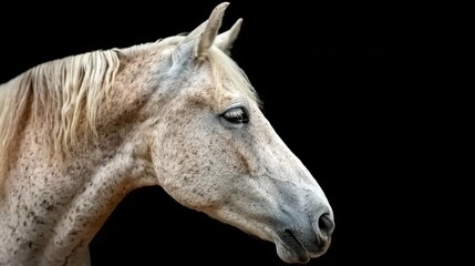 Wall Mural -  A white horse's face in close-up against a black background, head slightly turned to the side