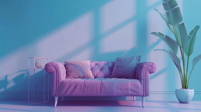 Front view of a purple sofa on a blue background with a bedside table next to it and a decorative objects