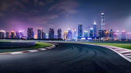 Wall Mural - Race track road and city skyline with buildings at night in ShanghaiChina : Generative AI