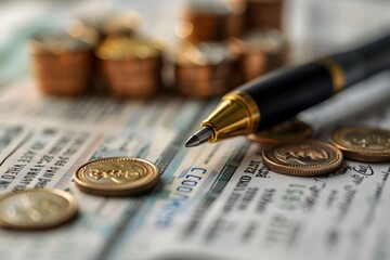 Poster - A pen and some coins lying on a newspaper