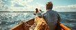 © Yasinton - A man and his dog are sitting in a boat on a lake. The man is rowing and the dog is looking out at the water. The sun is shining and there are clouds in the sky.
