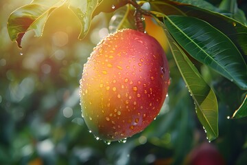 Poster - A ripe mango covered in water drops on a tree
