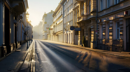 Poster - City street with empty road and morning light in Europe Lithuania Vilnius : Generative AI