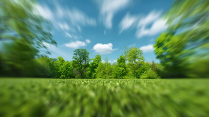 Poster - Beautiful blurred background image of spring nature with a neatly trimmed lawn surrounded by trees against a blue sky with clouds on a bright sunny day : Generative AI