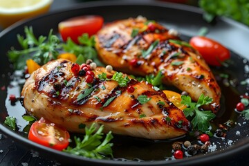 Wall Mural - Two chicken breasts on a plate with tomatoes and herbs