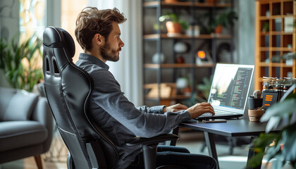 a side view of the programmer intensely focused on the laptop screen, with a modern ergonomic chair and a neat desk setup, programmer, IT specialist, cozy home, office, minimalisti