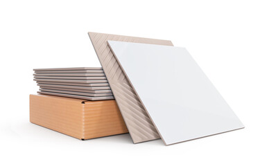 Pile of ceramic blank tile with blank cardboard package. 3d illustration