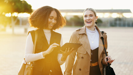 Poster - Business, people and walking with tablet outdoor for commuting to work, discussion and online schedule. Happy, coworker and smile with career chat, networking and communication at park in New York