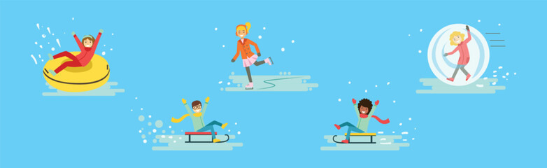 Sticker - People Character as Winter Holiday Having Fun Outdoors Vector Set