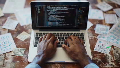 Wall Mural - a close-up image of a participant's hands typing on a laptop, with code visible on the screen and ha