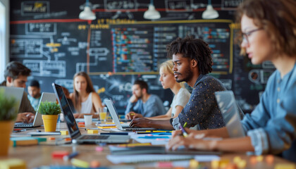 Wall Mural - a shot capturing the energy and collaboration of a hackathon, with participants deeply engaged in th