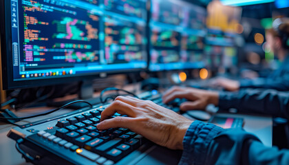 Wall Mural - a close-up image of an it specialist's hands typing on a keyboard, with code and algorithm visualiza