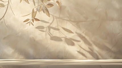 Poster - Empty table against beige textured wall background Composition with glossy leaves  on the wall : Generative AI