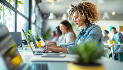 a detailed image of a group of female IT specialists using various devices, such as tablets and laptops, to update a software application, Technology, Women, Computer Programmer, T