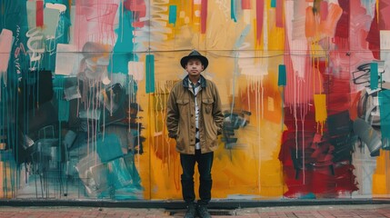 Wall Mural - A male artist stands in front of a wall painted with different colors.