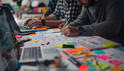 Wall Mural - a detailed image of participants brainstorming ideas on paper while simultaneously coding on their l