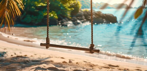 Wall Mural - Serene beach scene with a wooden swing tied to palm trees, inviting relaxation and escape against an ocean backdrop