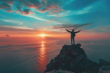 Wall Mural - Silhouette of man standing on top mountain with arms raised against blue sky at sunset, concept of success and achievement or life goal silhouette of woman standing above cliff edge Generative AI