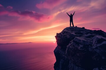Wall Mural - Silhouette of man standing on top mountain with arms raised against sunset sky background, concept for success and achievement in business or personal life Generative AI