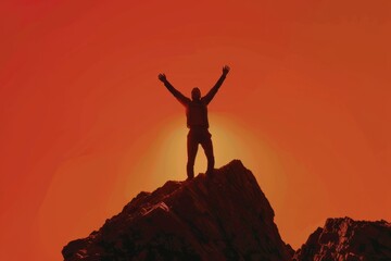Wall Mural - Silhouette of a man standing on top of a mountain with his arms raised up at sunset, in the style of a concept for success and achievement in business or personal life Generative AI