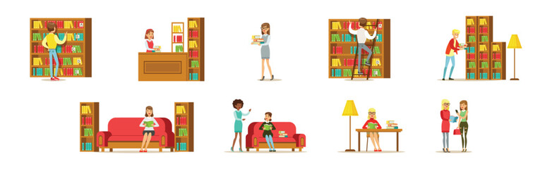 Canvas Print - People Character at Library and Bookstore with Books Vector Set