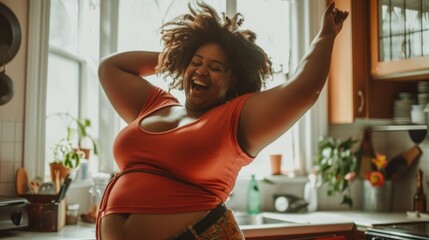 Plus-size Black woman dancing in her sunlit kitchen. Her energetic pose paired with the cozy domestic setting and warm lighting, happiness and self-love, body positivity and everyday joy