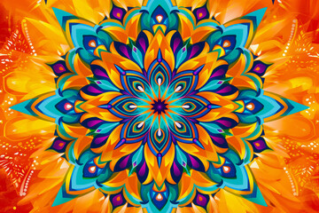 Wall Mural - Summer Flower mandala on orange background. Festive folk floral illustration