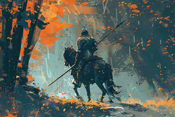 Knight in armor riding a horse on the battlefield, Fantasy medieval battle.