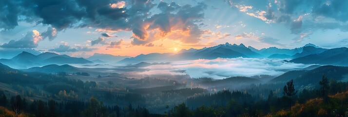 Wall Mural - Mountains landscape under morning sky with clouds realistic nature and landscape
