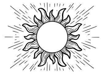 Wall Mural - Sun sketch engraving PNG illustration. T-shirt apparel print design. Scratch board imitation. Black and white hand drawn image.