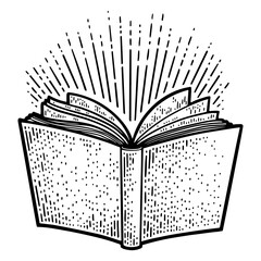 Wall Mural - book and light rays sketch engraving PNG illustration. T-shirt apparel print design. Scratch board imitation. Black and white hand drawn image.