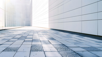 Poster - large modern building with high white wall near empty sidewalk covered with grey stone tiles on city street in spring : Generative AI