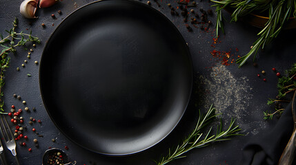 Aufkleber - An empty black plate on a dark concrete background with spices herbs and cutlery Home dinner cooking : Generative AI