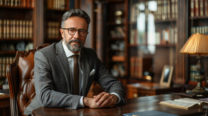 Wall Mural - A mature, scholarly gentleman with grey hair and glasses, wearing a tailored tweed suit, sits thoughtfully at a desk in a traditional wood-paneled study.