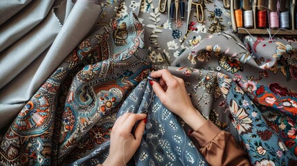 A person sewing a dress, surrounded by fabric and sewing tools No text or alphabet on image