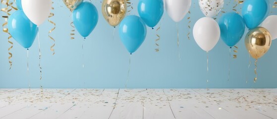  Birthday Background with Blue and White Balloons and Gold Confetti. Party Decorations