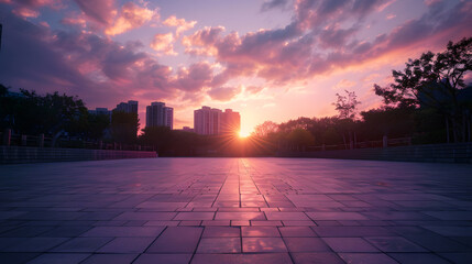 Poster - Empty square floors and beautiful sunset clouds in the city park : Generative AI