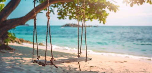 Poster - A wooden swing tied with ropes on a serene beach, offering a romantic spot overlooking the sea