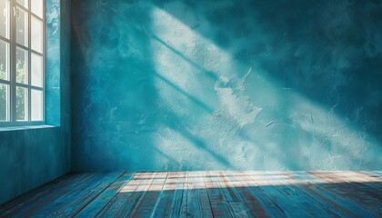 Canvas Print - A serene empty room with sunlight filtering through a window, casting dynamic shadows on a textured teal wall