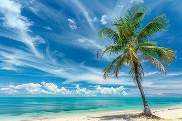 Canvas Print - A tranquil tropical beach with a single palm tree against a vivid blue sky with wispy clouds