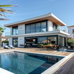 Canvas Print - An exquisite modern two-story house featuring expansive windows, spacious outdoor living area with a pool, and stylish interior design, during golden hour