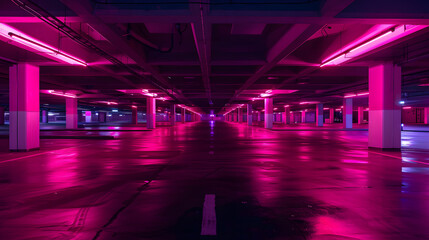 Poster - Empty underground car parking lot inEurope Wideangle view neon lights no people : Generative AI