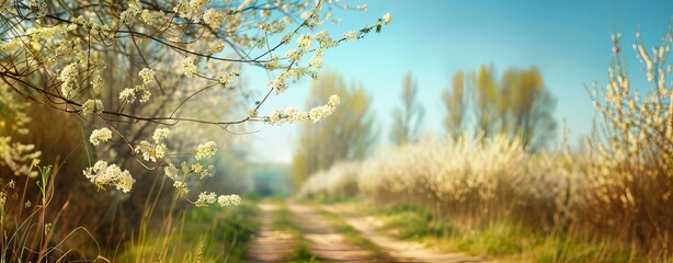 Poster - This serene landscape showcases the natural beauty of early spring with blossoming trees lining a tranquil countryside road