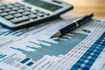 Sticker - Detailed view of a financial bar graph, calculator, and pen, symbolizing business analysis