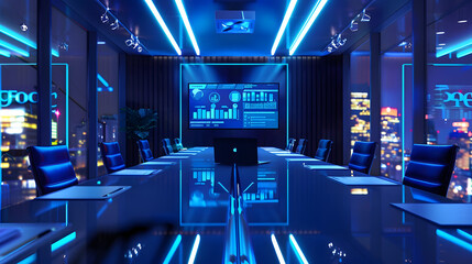 Fototapete - Modern Empty Meeting Room with Big Conference Table with Various Documents and Laptop on it Wall TV Showing Companys Growth Statistics Graphs and Pie Charts Late Evening or Night City  : Generative AI